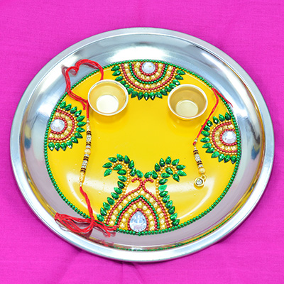 Impressive Work on Yellow Base Rakhi Pooja Thali for Raksha Bandhan