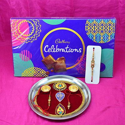 Cadbury Celebration Chocolate Pack with Pearl Rakhi and Maroon Color Pooja Thali