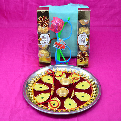 2 Four Pc Ferrero Rocher Chocolate with Best Rakhi for Family and Yellow and Maroon Base Design Rakhis