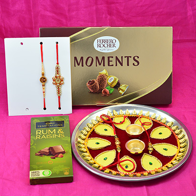 Stunning Looking Jewel Rakhis for Brother with Handcrafted Rakhi Thali and Chocolates