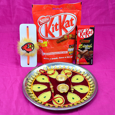 Kitkat Chocolates Pack with Kid Rakhi and Nice Looking Rakhi Pooja Thali