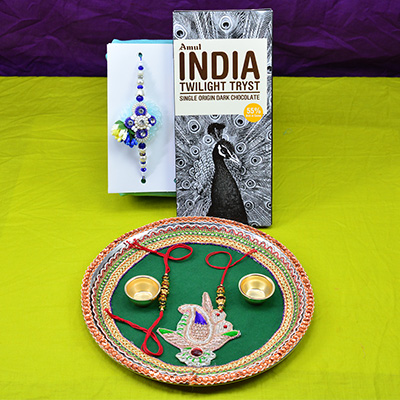 Best Zardosi Design Rakhi for Brother with Amul Twilight Tryst Chocolate and Green Color Rakhi Pooja Thali