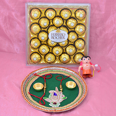24 Pc Ferrero Rocher Chocolate with Family Set of Rakhis and Pooja Rakhi Thali