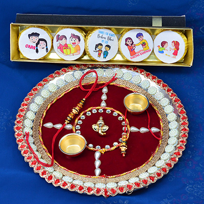 Handmade Chocolates with Riche Looking Maroon Base Rakhi Pooja Thali