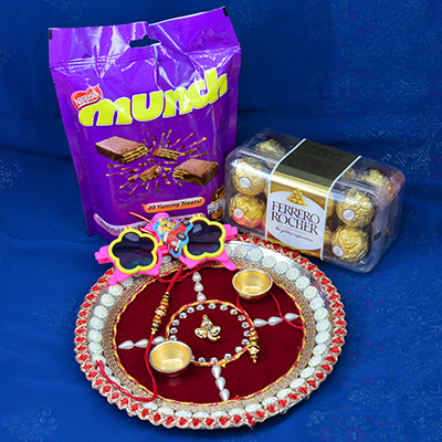 Pack of Munch Chocolates and Ferrero Rocher with Handcrafted Maroon Base Rakhi Puja Thali