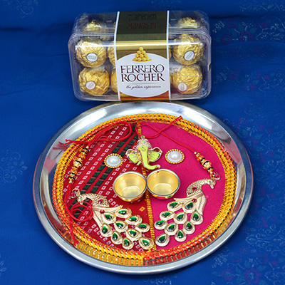 Colorful Ganesha and Peacock Puja Thali with 16 Pc Ferrero Rocher Chocolates