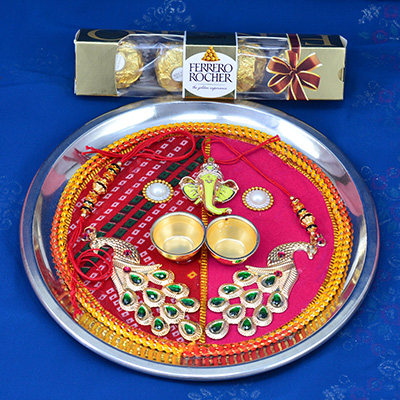 4 Pc Ferrero Rocher Chocolate with Thali for Pooja on the Festival of Raksha Bandhan