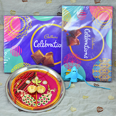 Big and Small Celebration Pack of Cadbury Chocolates with Handcrafted Designer Rakhi Puja Thali