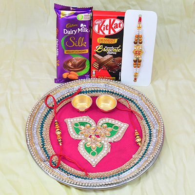 Dairy Milk and Kitkat Chocolate Set with Amazing Rakhis and Heavy Work Rakhi Puja Thali