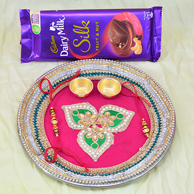 Fruit and Nut Silk Chocolate with Elegant Looking Handcrafted Colorful Rakhi Puja Thali