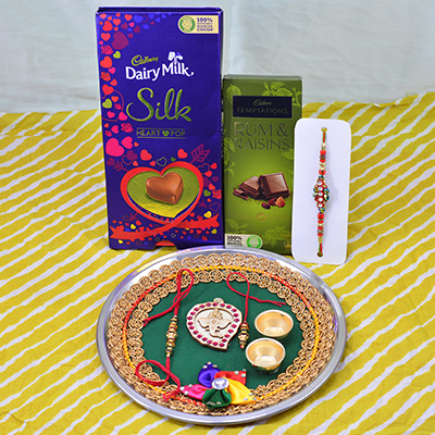 Dairy Milk Silk Pop with Rum Raisins Chocolates and Divine Handcrafted Rakhi Pooja Thali