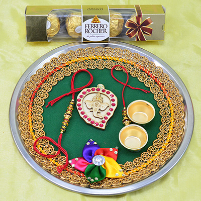 Ferrero Rocher 4 pc Chocolates with Heavy Work Lord Ganesha Auspicious Rakhi Thali Hamper