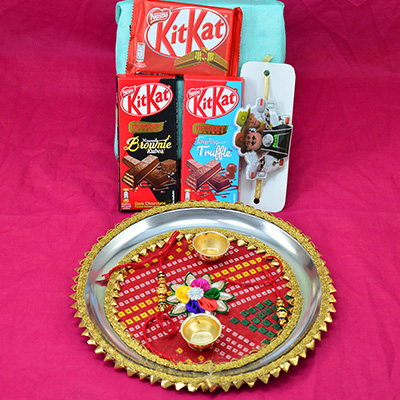 Kikat Chocolates Pack with Rajasthani Design Stunning Looking Rakhi Pooja Thali