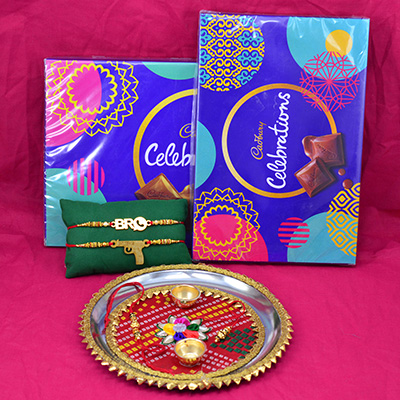 Big and Small Pack of Cadbury Celebration with Fancy Rakhis and Colorful Base Rakhi Pooja Thali