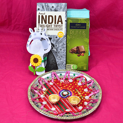 Fancy New Design Silver Amazing Looking Puja Thali with Delicious Chocolates 