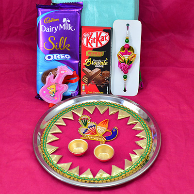 Silk Oreo and Kitkat Chocolate with Amazing Zardosi Rakhis and Peacock Designer Rakhi Puja Thali