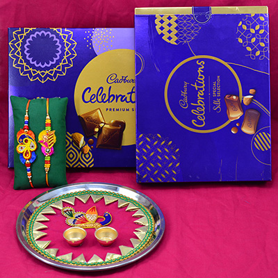 2 Zardosi Rakhis for Brother with Big and Small New Edition of Celebrations and Rakhi Puja Thali of Peacock Design