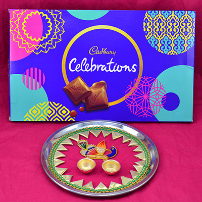 Cadbury Celebration with Flower Shape Peacock Studded Stunning Looking Rakhi Puja Thali