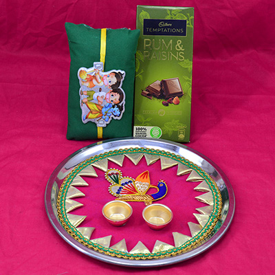 Rum Raisins Cadbury Delicious Branded Chocolate with Auspicious Rakhis and Pooja Thali for Raksha Bandhan