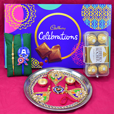 Ferrero Rocher 16 Pc and Celebration of Cadbury Chocolates with Rakhis and Pink Base Rakhi Puja Elegant Rakhi