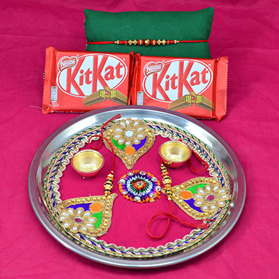 Pan Shape Design Made Rakhi Puja Thali with 2 Kikat Chocolates Bar and Amazing Looking Rakhis