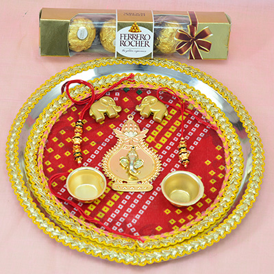 Ferrero Rocher 4 Pc Chocolates with Golden and Red Color Rajasthani Design Rakhi Puja Thali