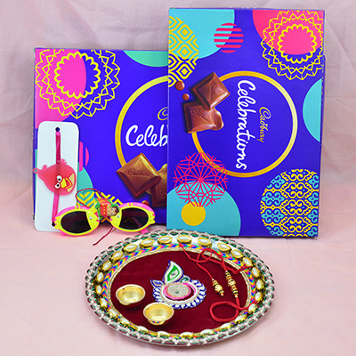 Cadbury Celebration Pack of Both Big and Small with Kids Rakhis and Maroon Base Attractive Looking Rakhi Thali