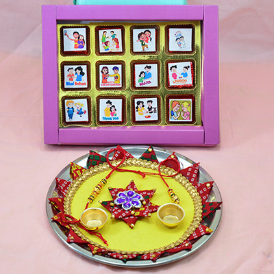 Handmade Chocolates of 12 Pc with Flower Shape Triangle Design Rakhi Pooja Thali