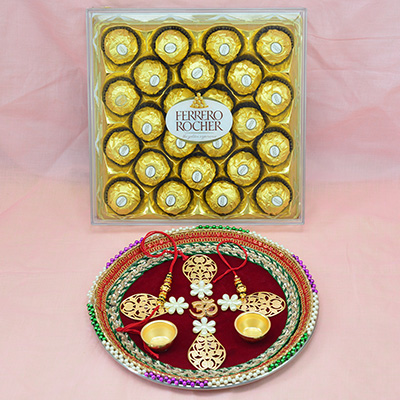 24 Pc Ferrero Rocher Chocolate with Auspicious Om Rakhi Pooja Thali of Maroon Color Base