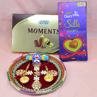 Ferrero Rocher Moments and Silk Heart Pop Chocolates with Unique Design Auspicious Rakhi Pooja Thali