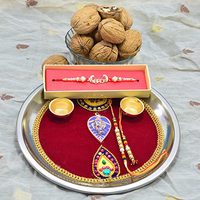 Wonderful Looking Attractive Rakhi Pooja Thali with Branded Fresh Dry Fruits of Walnuts