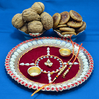 New Design Unique Colored Pooja Thali for Raksha Bandhan with Anjeer and Walnuts Dry Fruits