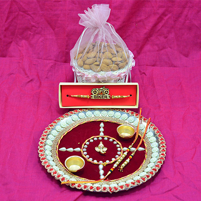 Fancy Rakhi for Brother with Sacred Ganesha Attractive Looking Rakhi Pooja Thali and Badam Dry Fruits