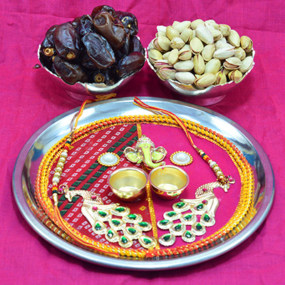 Pind Khajoor and Pista Dry Fruit with Magnificent Rakhi Pooja Thali for Raksha Bandhan