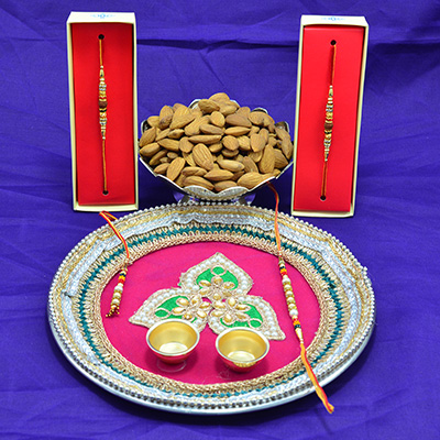 Badam Dry Fruits with Pink Base and Heavy Handwork Design Rakhi Pooja Thali
