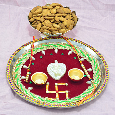 Pure Branded Fresh Badam or Almonds Dry Fruit with Sacred Swastika Maroon Color Pooja Thali