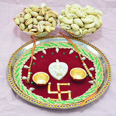 Pista and Kaju Healthy Dry Fruit with Divine Ganesha and Swastika Special Pooja Thali