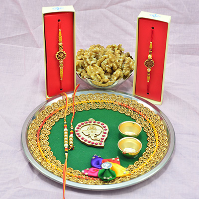 Auspicious Rakhis for Brothers with Akhrot Dry Fruits and Unique Design Pooja Thali with Rakhis