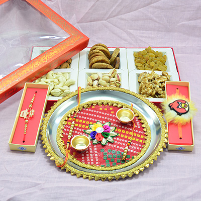 6 Types of Dry Fruits with Special Rakhis and Colorful Attractive Looking Rakhi Pooja Thali