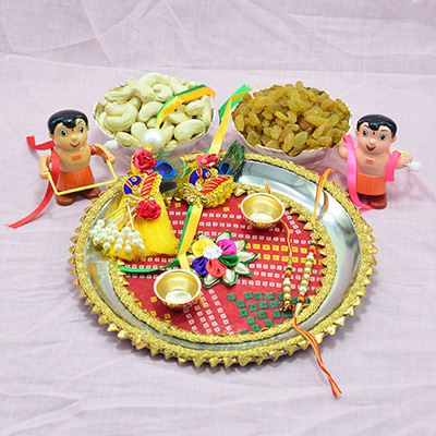 2 Bhaiya Bhabhi and Kids Rakhis with Kaju and Kishmish Dry Fruits and Antique Design Special Rakhi Pooja Thali