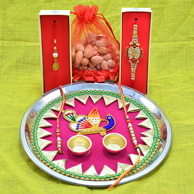 2 Bhaiya Bhabhi Rakhis with Pista Dry Fruits and Peacock Designer Awesome Looking Rakhi Puja Thali