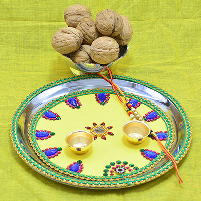 Amazing Mirror Work Pooja Thali with Luscious Walnut Dry Fruit