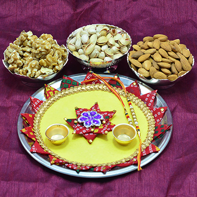 Gorgeous Chunri Flower Rakhi Pooja Thali with 3 Types of Delicious Dry Fruits