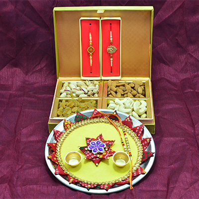 Awesome Center Flower Crafted Pooja Thali with 4 Types of Tasty Dry Fruits