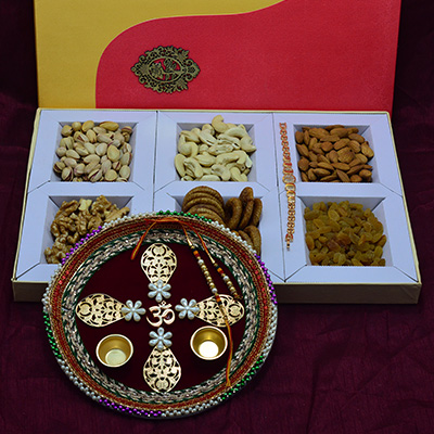 Wonderful OM Rakhi Pooja thali with 6 Types of Luscious Dry Fruits