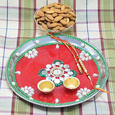 Wonderful Rakhi Pooja Thali with Delicious Almond Dry Fruits