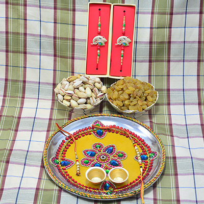Amazing Shining Beads Flower Crafted Pooja Thali with 2 Types of Dry Fuits