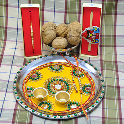 Gorgeous Beads Design Pooja thali with Luscious Walnut Dry Fruits