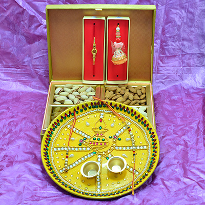 Marvellous Kalash Crafted Pooja thali with 4 Types of Delicious Dry Fruits