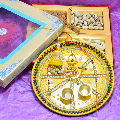Amazing Kalash Painted Pooja Thali with Four Types of Dry Fruits